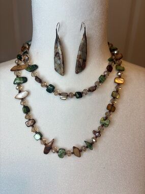 Handcrafted Green and Brown Shell Bead Necklace and Earring Set